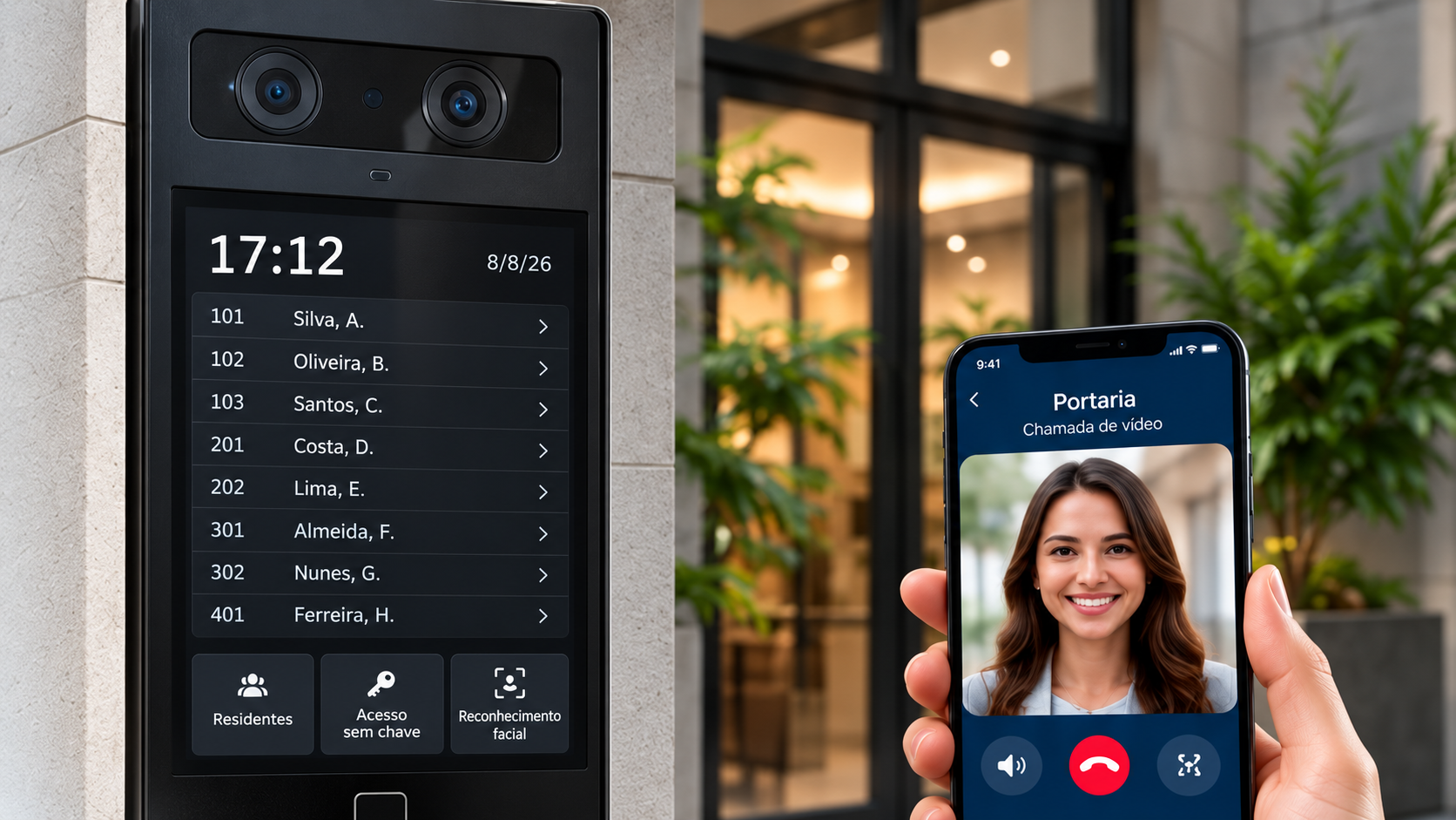 Porteiro eletrônico com diretório e moradora atendendo a chamada pelo celular